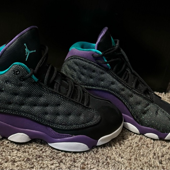 Air Jordan 13 Retros in a black, purple, and teal colorway - Picture 5 of 9